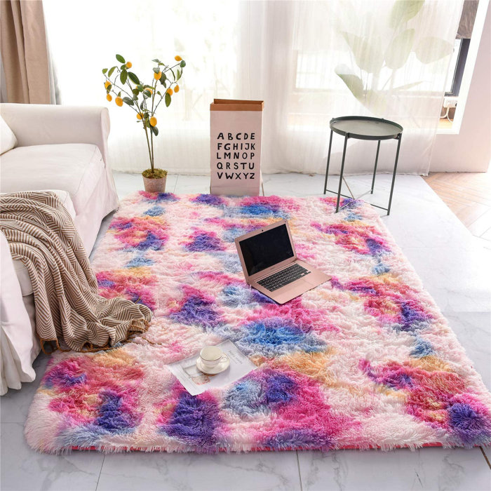 Everly Quinn Tie Dye Faux Fur Area Rug For Bedroom Sofa Living Room